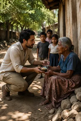 Man Helping Elderly Woman in Village