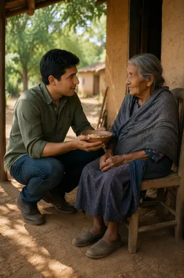 Young Man Helping Elderly Woman Outdoors
