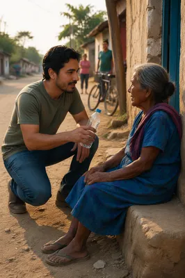 Man Offering Water on Rural Roadside