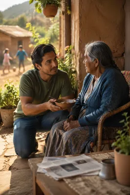 Man Offering Food to Elderly Woman