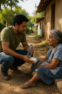 Man Assisting Elderly Woman on Village Road