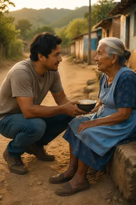 Man Offering Food on Rural Road