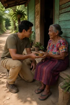 Young Man Helping Elderly Woman Outdoors