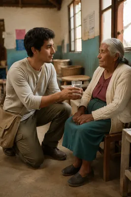 Young Man Helping Elderly Woman Indoors