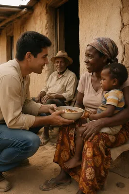 Young Man Sharing Food with Family