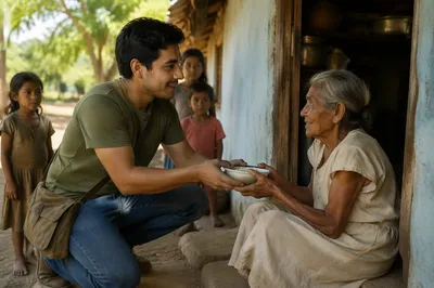 Young Man Helping Elderly Woman Outdoors