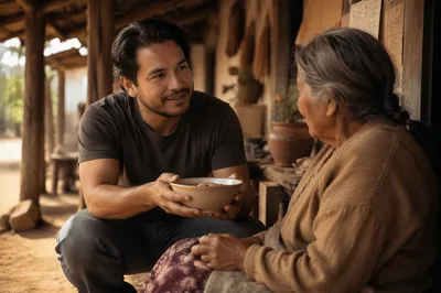Man Offering Food on Rural Porch
