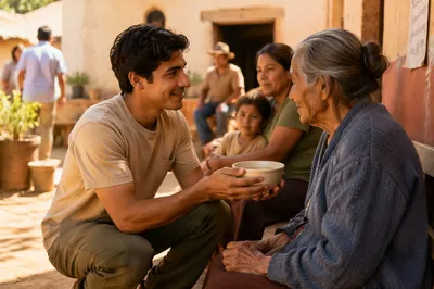 Young Man Helping Elderly Woman Outdoors