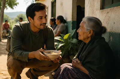Man Helping Elderly Woman Outside Clinic