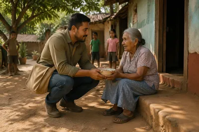 Man Offering Food in Rural Courtyard