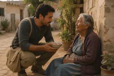 Compassionate Aid in Sunlit Village Courtyard