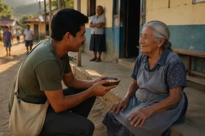Young Man Helping Elderly Woman Outside Clinic
