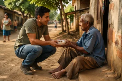 Man Offering Food to Elderly Villager