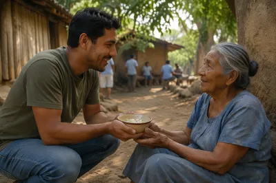Man Offering Food to Elderly Woman