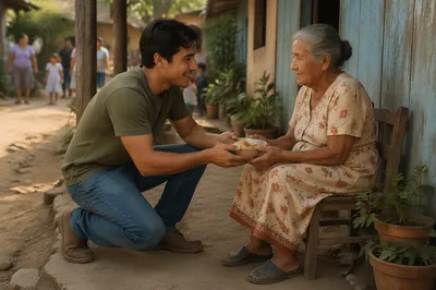 Young Man Helping Elderly Woman Outdoors