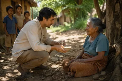 Man Offering Food to Elderly Woman