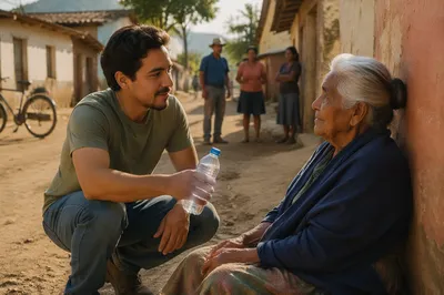 Man Offering Water on Rural Roadside