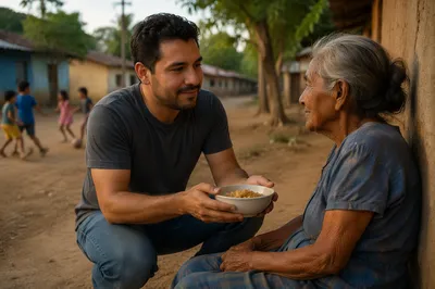 Man Helping Elderly Woman in Village