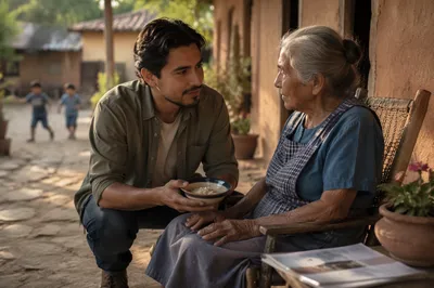 Man Offering Food to Elderly Woman