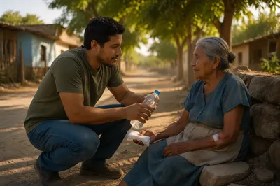 Man Helping Elderly Woman on Rural Road