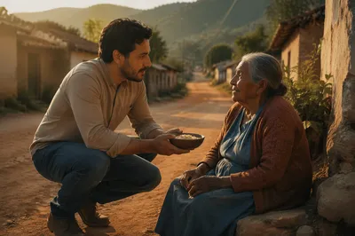 Man Offering Food on Rural Road