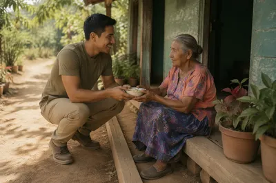 Young Man Helping Elderly Woman Outdoors