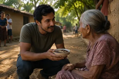Man Offering Food on Village Path