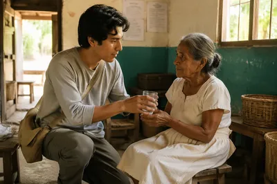 Young Man Helping Elderly Woman Indoors