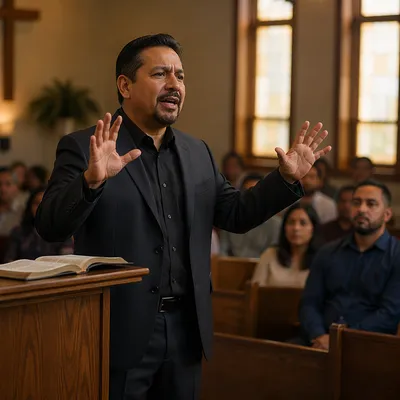 Latino Pastor Preaching in Church Sanctuary