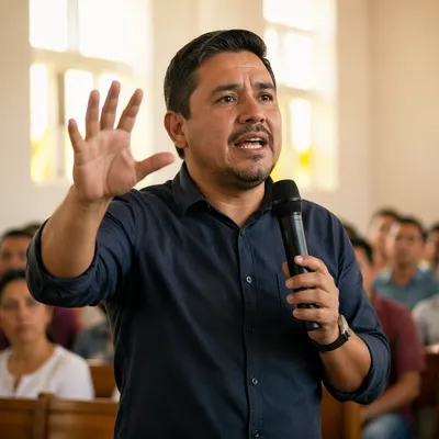 Latino Pastor Preaching in Bright Church Hall