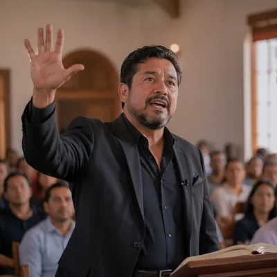 Latino Pastor Preaching in Church Hall