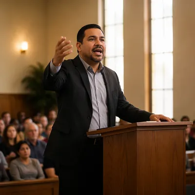 Latino Pastor Preaching in Church Sanctuary