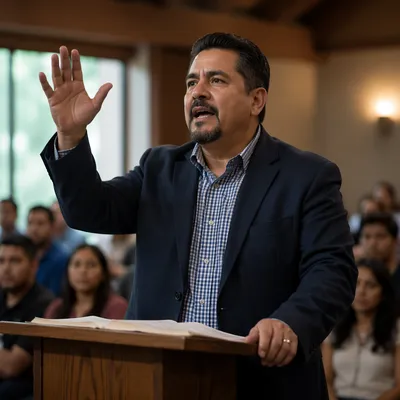 Latino Pastor Preaching in Church Hall