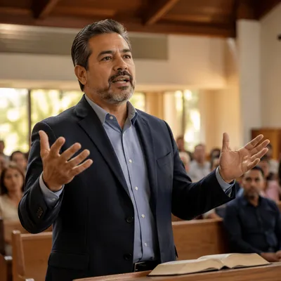Latino Pastor Delivering Sermon in Church Hall