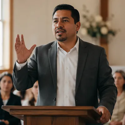 Passionate Pastor Speaking at Wooden Lectern