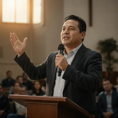 Latino Pastor Preaching in Church Sanctuary