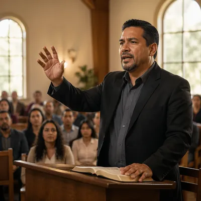 Latino Pastor Preaching in Bright Worship Hall