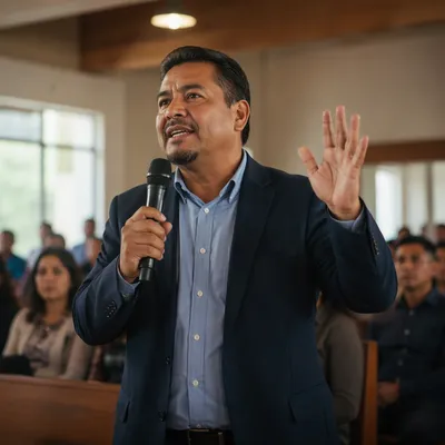 Passionate Preacher Speaking in Church Hall