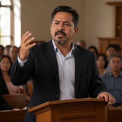 Latino Pastor Preaching in Church Sanctuary