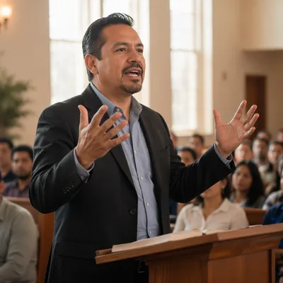 Latino Pastor Preaching in Modern Church Hall