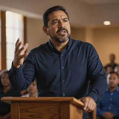 Latino Pastor Preaching in Worship Hall
