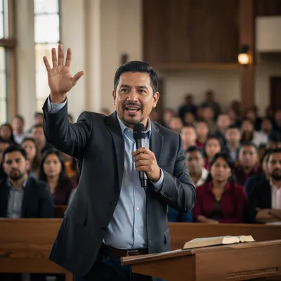 Latino Pastor Preaching in Bright Church Hall