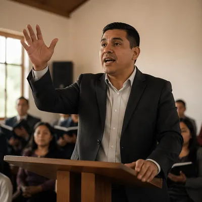 Latino Pastor Preaching in Church Hall