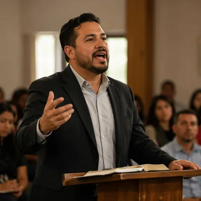 Passionate Pastor Preaching in Church Sanctuary