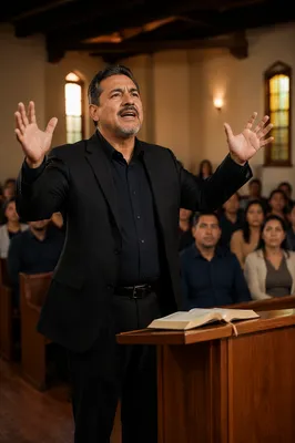 Pastor Preaching in Warm Church Sanctuary