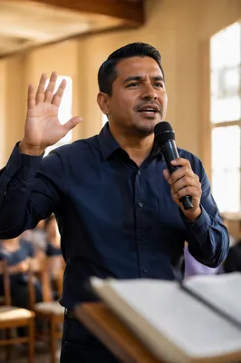 Latino Pastor Preaching in Bright Church Hall