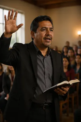 Passionate Preacher Speaking in Church Hall