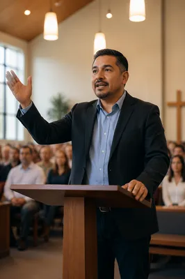Latino Pastor Preaching in Bright Sanctuary