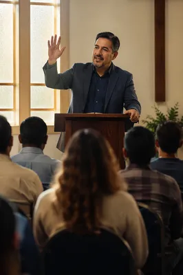 Latino Pastor Preaching in Church Hall