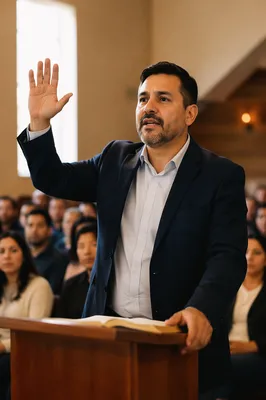 Latino Pastor Preaching in Church Hall